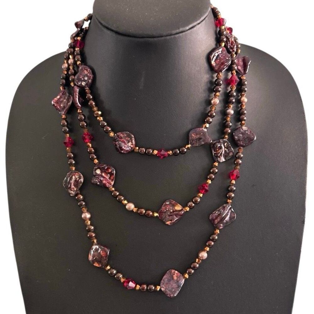 Long Beaded Station Necklace Women's 60"  Glass and Shell Beads Single Strand